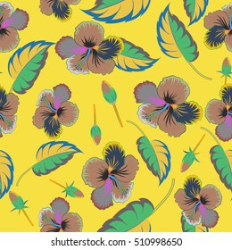 Tropical flowers, hibiscus leaves, hibiscus buds, seamless vector floral pattern on yellow background. Vintage style.
