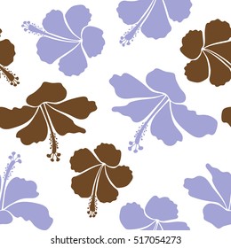 Tropical flowers, hibiscus leaves, hibiscus buds, seamless vector floral pattern on white background in neutral and brown colors. Vintage style.