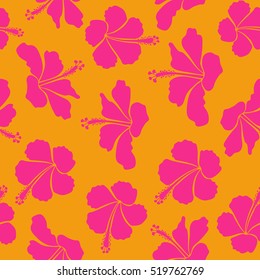 Tropical flowers, hibiscus leaves, hibiscus buds, seamless vector floral pattern in yellow and pink colors. Vintage style.