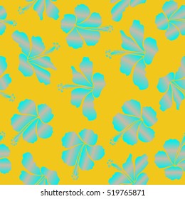 Tropical flowers, hibiscus leaves, hibiscus buds, seamless vector floral pattern in yellow, blue and beige colors. Vintage style.
