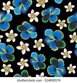 Tropical flowers, hibiscus leaves, hibiscus buds, seamless vector floral pattern on black background in blue, yellow and green colors. Vintage style.