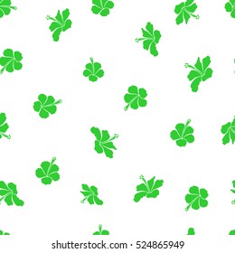 Tropical flowers, hibiscus leaves, hibiscus buds, seamless vector floral pattern on white background in green colors. Vintage style.