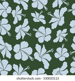 Tropical flowers, hibiscus leaves, hibiscus buds, seamless vector floral pattern in green and neutral colors. Vintage style.