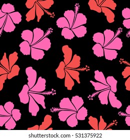 Tropical flowers, hibiscus leaves, hibiscus buds, seamless vector floral pattern on black background in pink colors. Vintage style.