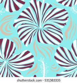 Tropical flowers, hibiscus leaves, hibiscus buds, seamless vector floral pattern in purple and blue colors. Vintage style.