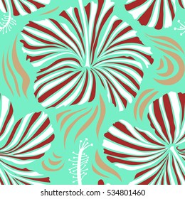 Tropical flowers, hibiscus leaves, hibiscus buds, seamless vector floral pattern in red and blue colors. Vintage style.
