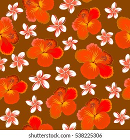 Tropical flowers, hibiscus leaves, hibiscus buds, seamless vector floral pattern in orange, yellow and brown colors. Vintage style.