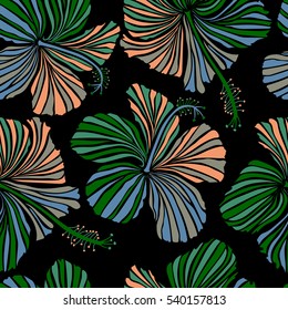 Tropical flowers, hibiscus leaves, hibiscus buds, seamless vector floral pattern on black background in neutral, green and orange colors. Vintage style.