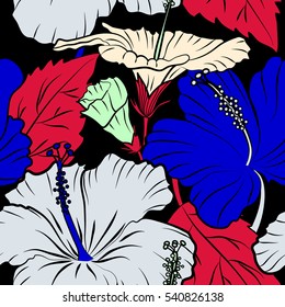 Tropical flowers, hibiscus leaves, hibiscus buds, seamless vector floral pattern on black background in gray, red and green colors. Vintage style.