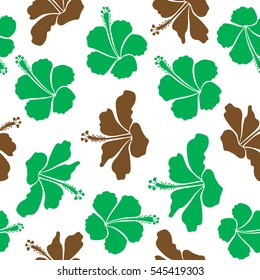 Tropical flowers, hibiscus leaves, hibiscus buds, seamless vector floral pattern on white background in brown and green colors. Vintage style.