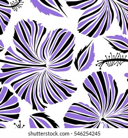 Tropical flowers, hibiscus leaves, buds, seamless vector floral pattern on white background in violet and black colors. Vintage style.