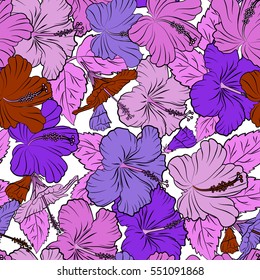 Tropical flowers, hibiscus leaves, hibiscus buds, seamless vector floral pattern on white background in pink and violet colors. Vintage style.