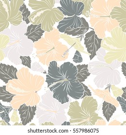 Tropical flowers, hibiscus leaves, hibiscus buds, seamless vector floral pattern on white background in gray and beige colors. Vintage style.