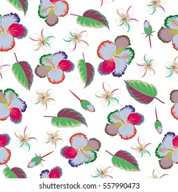 Tropical flowers, hibiscus leaves, hibiscus buds, seamless vector floral pattern on white background in violet and beige colors. Vintage style.
