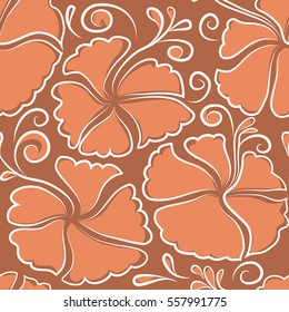 Tropical flowers, hibiscus leaves, hibiscus buds, seamless vector floral pattern in orange colors. Vintage style.
