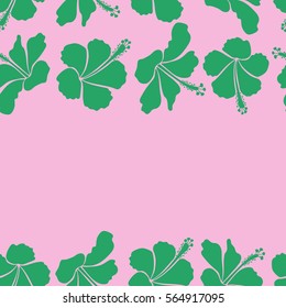 Tropical flowers, hibiscus leaves, hibiscus buds, horizontal seamless vector floral pattern in green and neutral colors with copy space (place for your text). Vintage style.