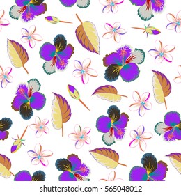 Tropical flowers, hibiscus leaves, hibiscus buds, seamless vector floral pattern on white background in green, beige and violet colors. Vintage style.