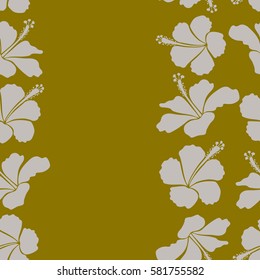 Tropical flowers, hibiscus leaves, hibiscus buds, vertical seamless vector floral pattern in gray and brown colors with copy space (place for your text). Vintage style.