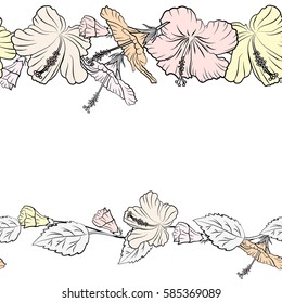 Tropical flowers, hibiscus leaves, hibiscus buds, horizontal vector floral pattern on a white background in beige colors with copy space (place for your text). Vintage style.