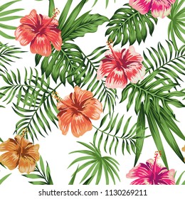 Tropical flowers hibiscus orange red purple green leaves seamless pattern white background. Exotic fabric wallpaper illustration