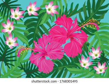 Tropical flowers hibiscus orange red purple green leaves seamless pattern background. Exotic fabric wallpaper illustration