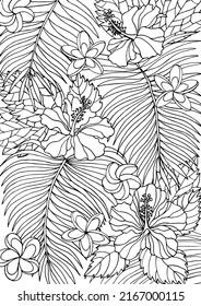 Tropical flowers hibiscus and palm leaves on background. Page of coloring book for adults and children, art therapy. Outline drawing, doodles. Vector background. Black and white illustration.