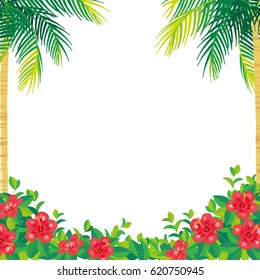 Tropical flowers hibiscus and palm trees background 