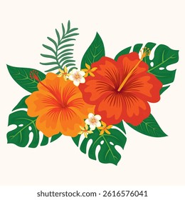 Tropical flowers. Hibiscus, paradise flowers. exotic, tropical. card with floral illustration. Bouquet of flowers with exotic Leaf isolated on white background.