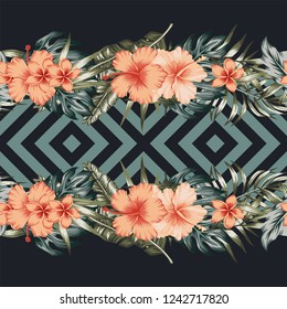 Tropical flowers hibiscus plumeria palm leaves border mirror seamless geometric vector trendy background