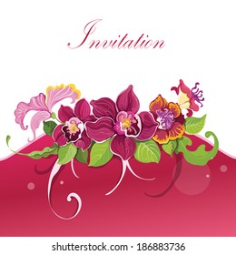 Tropical flowers invitation card template with garland decorative element vector illustration
