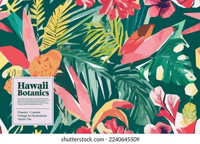 Tropical flowers, jungle leaves. Beautiful vector floral pattern background.