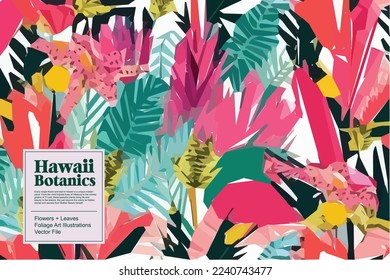 Tropical flowers, jungle leaves. Beautiful vector floral pattern background.