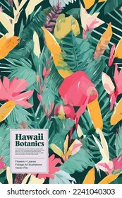 Tropical flowers, jungle leaves. Beautiful vector floral pattern background.