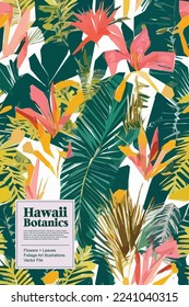 Tropical flowers, jungle leaves. Beautiful vector floral pattern background.