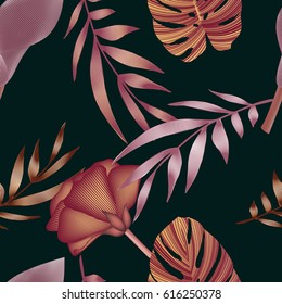 Tropical flowers, jungle leaves. Beautiful seamless vector floral pattern background, exotic print