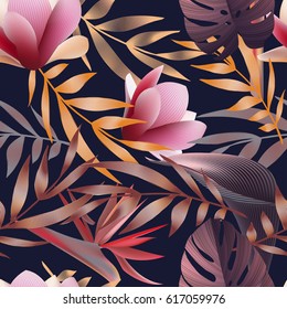 Tropical flowers, jungle leaves. Beautiful seamless vector floral pattern background, exotic print