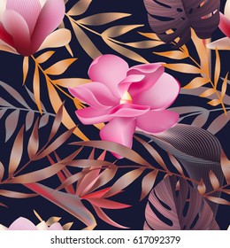 Tropical flowers, jungle leaves. Beautiful seamless vector floral pattern background, exotic print