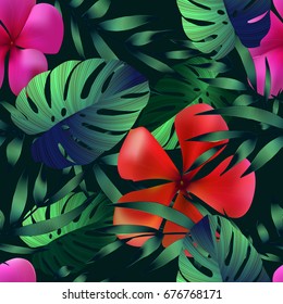 Tropical flowers, jungle leaves. Beautiful seamless vector floral pattern background, exotic print