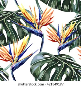 Tropical flowers, jungle leaves, bird of paradise flower. Beautiful seamless vector floral pattern background, exotic print