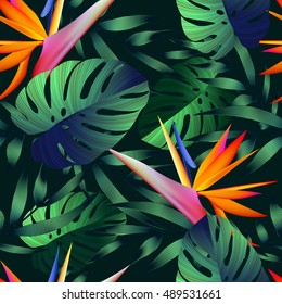 Tropical flowers, jungle leaves, bird of paradise flower. Beautiful seamless vector floral pattern background, exotic print