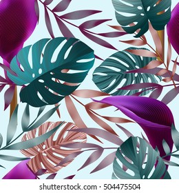 Tropical flowers, jungle leaves, bird of paradise flower. Beautiful seamless vector floral pattern background, exotic print