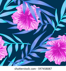 Tropical flowers, jungle leaves, bird of paradise flower. Beautiful seamless vector floral pattern background, exotic print.