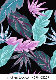 Tropical flowers, jungle leaves, bird of paradise flower. Beautiful seamless vector floral pattern background, exotic print.