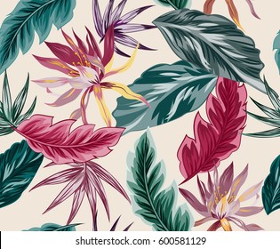 Tropical flowers, jungle leaves, bird of paradise flower. Beautiful seamless vector floral pattern background, exotic print