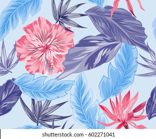 Tropical flowers, jungle leaves, bird of paradise flower. Beautiful seamless vector floral pattern background, exotic print