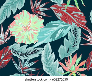 Tropical flowers, jungle leaves, bird of paradise flower. Beautiful seamless vector floral pattern background, exotic print