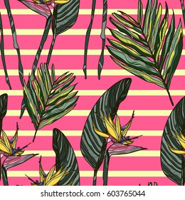 Tropical flowers, jungle leaves, bird of paradise flower. Beautiful seamless vector floral pattern background, exotic print
