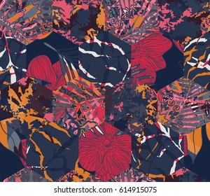 Tropical flowers, jungle leaves, bird of paradise flower. Beautiful seamless vector floral pattern background, exotic print