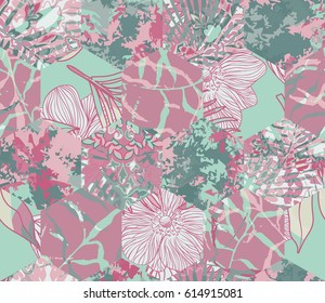 Tropical flowers, jungle leaves, bird of paradise flower. Beautiful seamless vector floral pattern background, exotic print