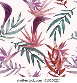 Tropical flowers, jungle leaves, bird of paradise flower. Beautiful seamless vector floral pattern background, exotic print